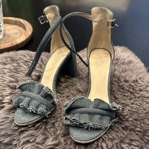 Kenneth Cole Denim Frayed Ruffle Ankle-Strap Heels - Slate Blue